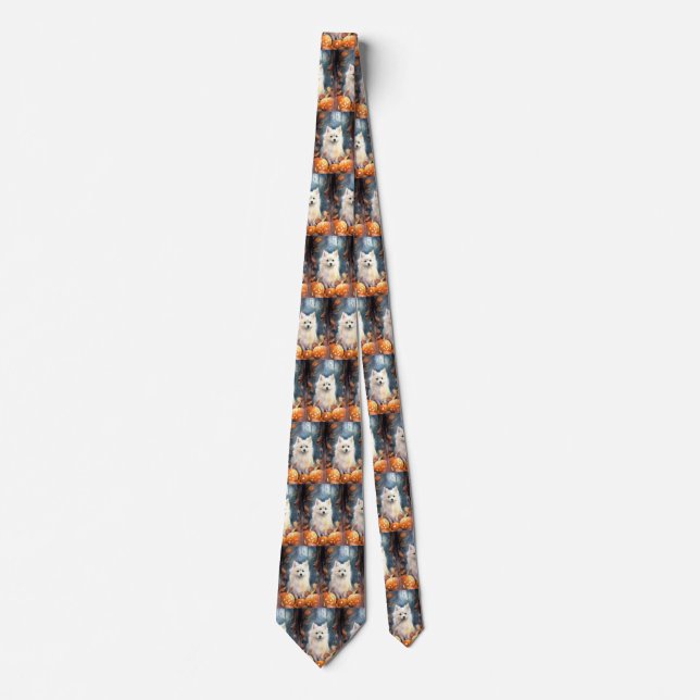 Halloween American Eskimo With Pumpkins Scary Tie (Front)