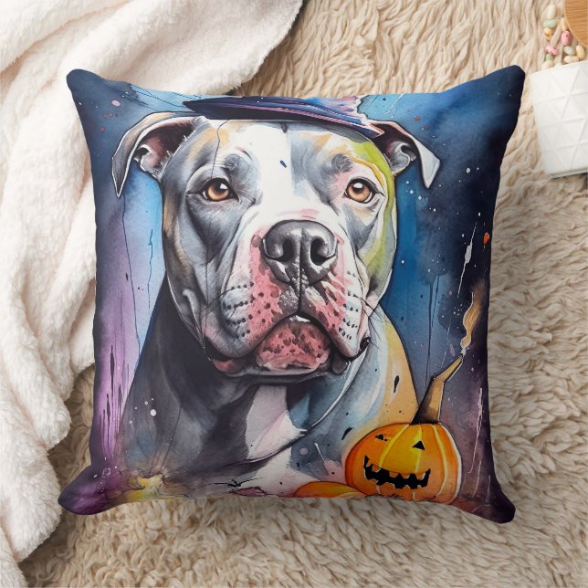 Halloween American Staffordshire With Pumpkins Cushion (Blanket)