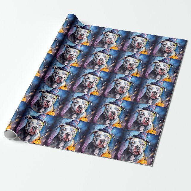 Halloween American Staffordshire With Pumpkins Wrapping Paper (Unrolled)