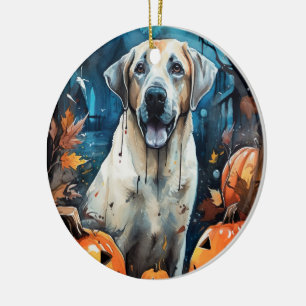 Halloween Anatolian Shepherd With Pumpkins Scary Ceramic Tree Decoration