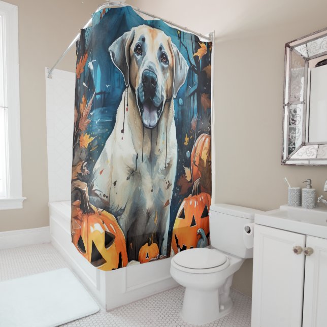 Halloween Anatolian Shepherd With Pumpkins Scary Shower Curtain (In Situ)
