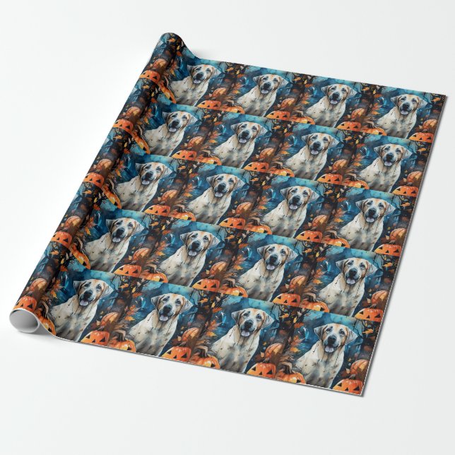 Halloween Anatolian Shepherd With Pumpkins Scary Wrapping Paper (Unrolled)