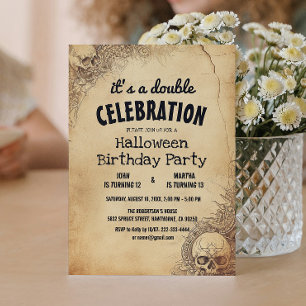 Halloween And Sculls Double Birthday Party  Invitation