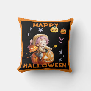Halloween Anime Boy on a Pumpkin Cushion