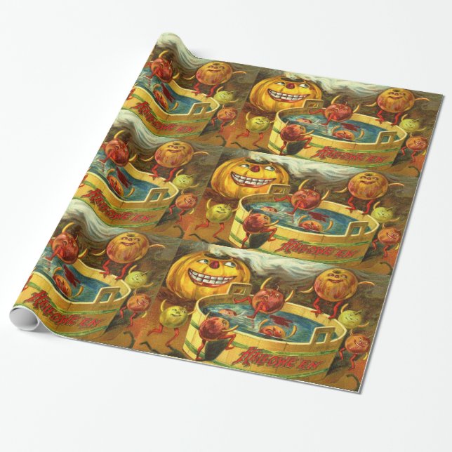Halloween Apple Bobbing Wrapping Paper (Unrolled)