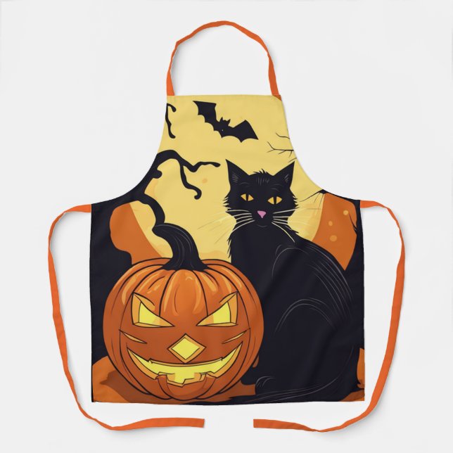 Halloween Aprons, Full Moon Halloween Black Cat Apron (Front)