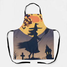Halloween Aprons, Witch With Broom Blood Moon 