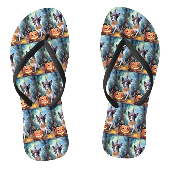 Halloween Australian Cattle With Pumpkins Scary Flip Flops (Footbed)