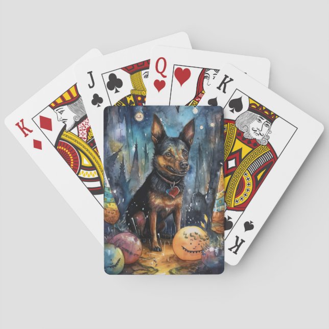 Halloween Australian Kelpie With Pumpkins Scary Playing Cards (Back)