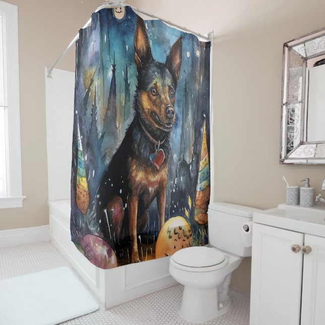 Halloween Australian Kelpie With Pumpkins Scary Shower Curtain (In Situ)