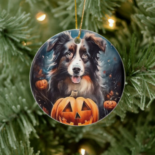 Halloween Australian Shepherd With Pumpkins Scary Ceramic Tree Decoration