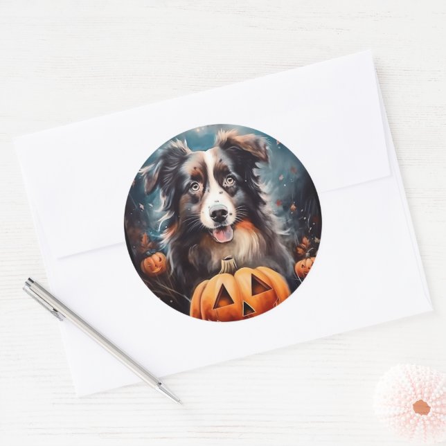 Halloween Australian Shepherd With Pumpkins Scary Classic Round Sticker (Envelope)