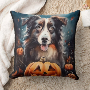 Halloween Australian Shepherd With Pumpkins Scary Cushion