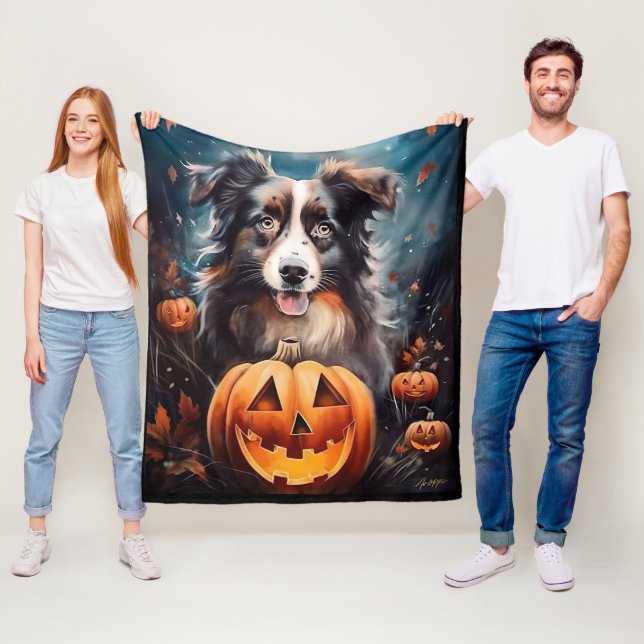 Halloween Australian Shepherd With Pumpkins Scary Fleece Blanket (In Situ)