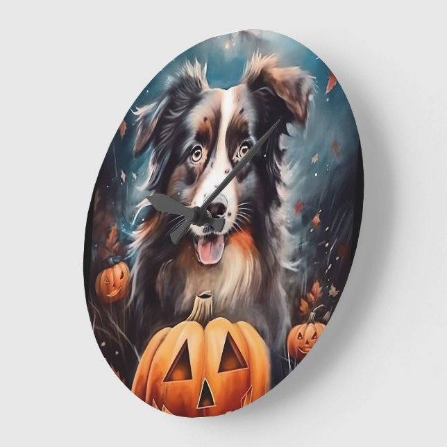 Halloween Australian Shepherd With Pumpkins Scary Large Clock (Angle)