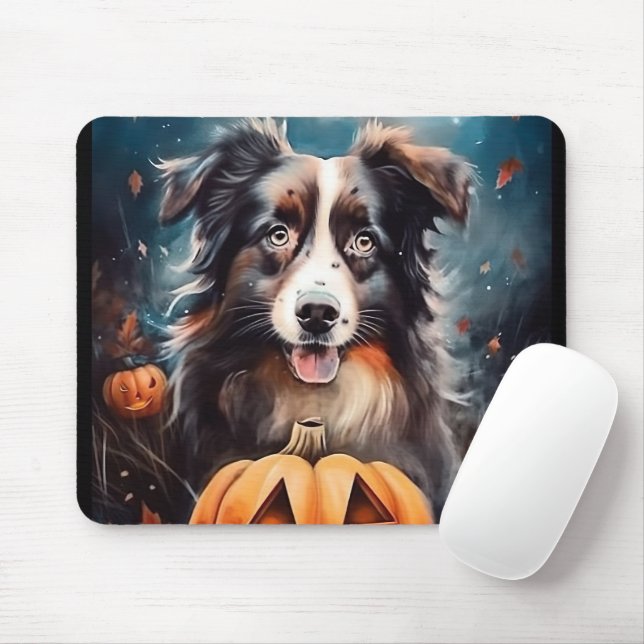 Halloween Australian Shepherd With Pumpkins Scary Mouse Mat (With Mouse)