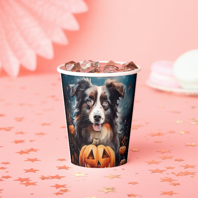 Halloween Australian Shepherd With Pumpkins Scary Paper Cups (Insitu)