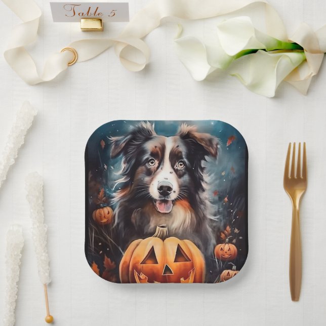 Halloween Australian Shepherd With Pumpkins Scary Paper Plate (Wedding)