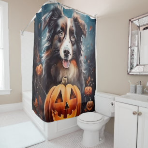 Halloween Australian Shepherd With Pumpkins Scary Shower Curtain