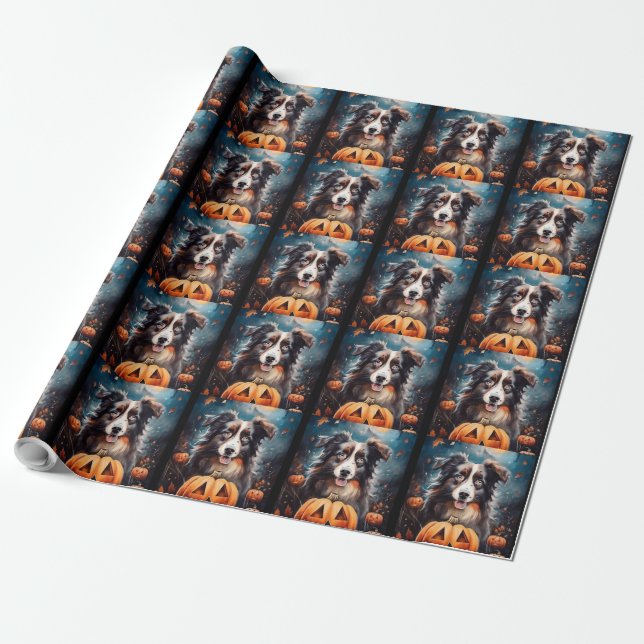 Halloween Australian Shepherd With Pumpkins Scary Wrapping Paper (Unrolled)