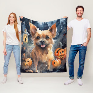 Halloween Australian Terrier With Pumpkins Scary  Fleece Blanket
