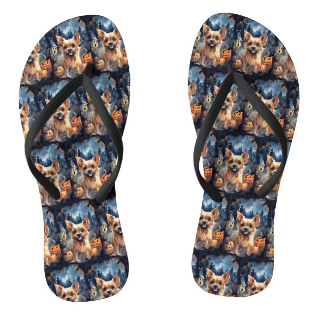 Halloween Australian Terrier With Pumpkins Scary  Flip Flops (Footbed)