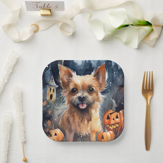 Halloween Australian Terrier With Pumpkins Scary  Paper Plate (Wedding)