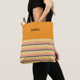 Halloween Autumn Chevron Fall Colours Orange Name Tote Bag