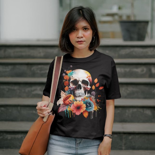 Halloween Autumn Flowers and Gothic Skull T-Shirt (Model Wears Halloween Autumn Flowers and Gothic Skull T-Shirt)