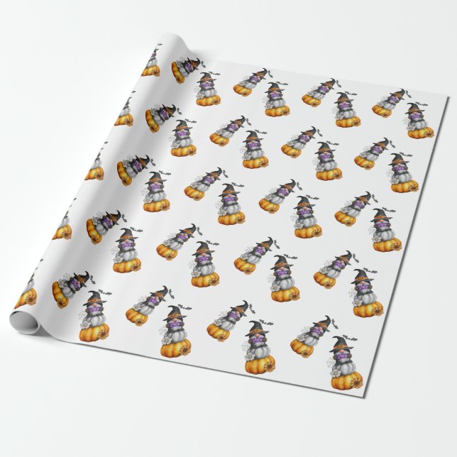 Halloween Autumn Gnome Watercolor Illustration Wrapping Paper (Unrolled)