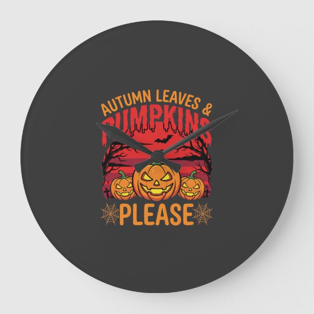 Halloween Autumn Leaves and Pumpkins Please Design Large Clock (Front)