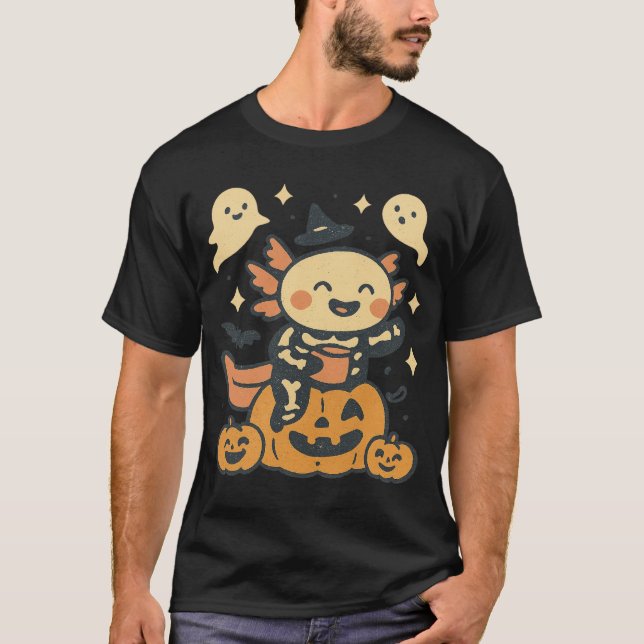 Halloween Axolotl Skeleton Cute Kawaii Ghost Kids T-Shirt (Front)