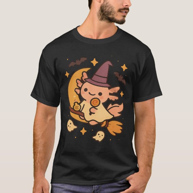Halloween Axolotl Witch Broom Kawaii Ghost Pumpkin T-Shirt (Front)