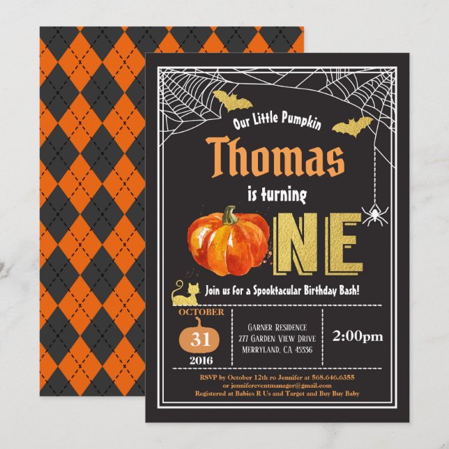 Halloween baby 1st first birthday party Black gold Invitation (Front/Back)