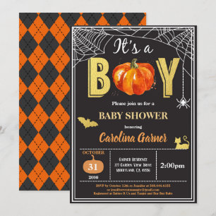 Halloween baby boy shower invitation. Black gold Invitation