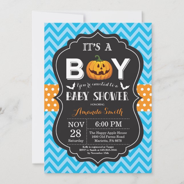 Halloween Baby Boy Shower Invitation Blue Chevron (Front)