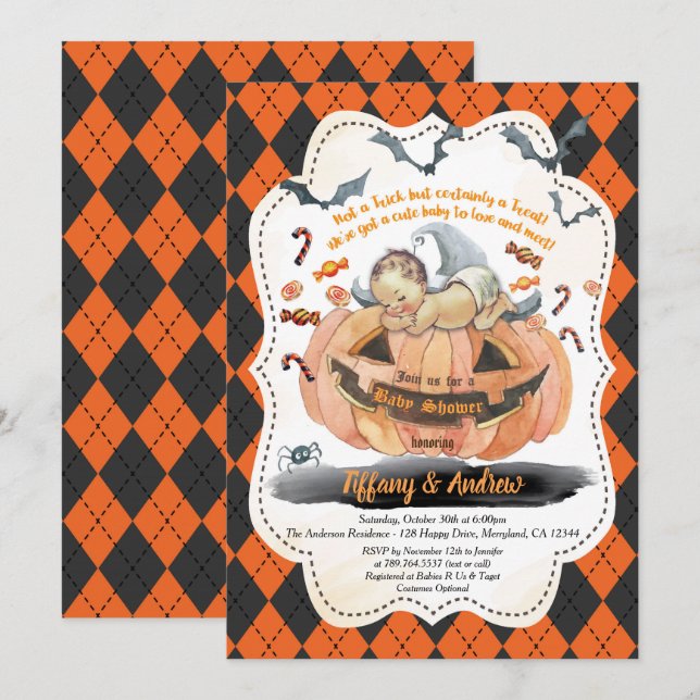 Halloween baby boy shower invitation. Boy / girl Invitation (Front/Back)