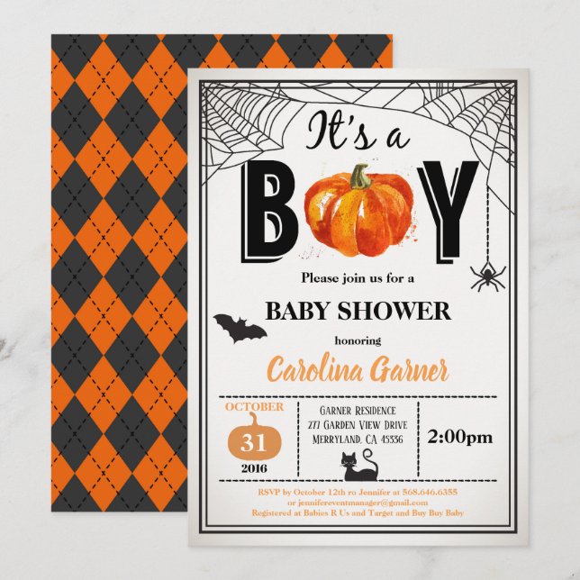 Halloween baby boy shower invitation. It's a boy Invitation (Front/Back)