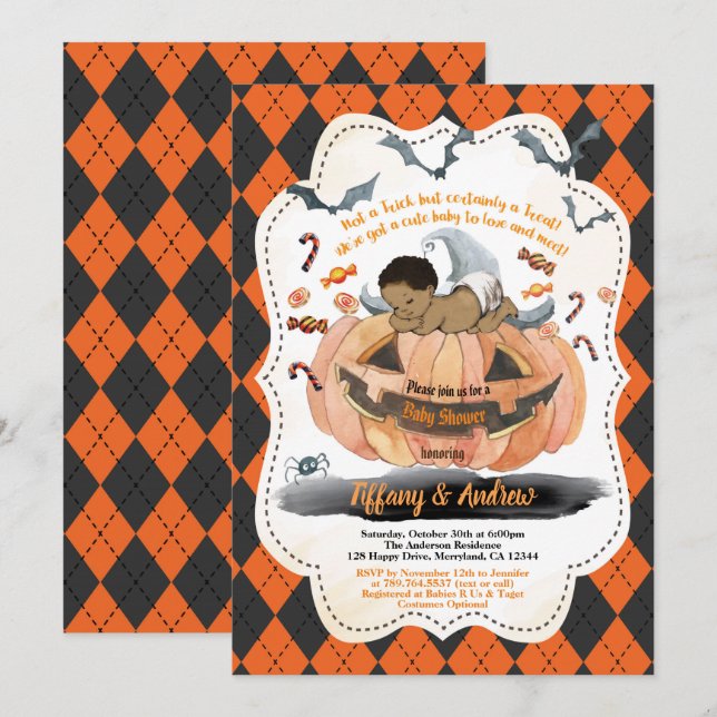 Halloween baby boy shower pumpkin spooky invitation (Front/Back)