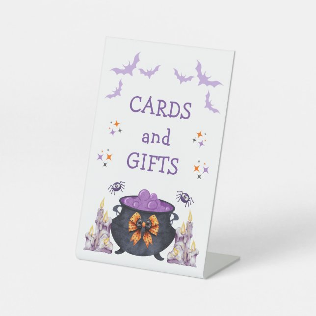 halloween baby brewing baby shower cards and gifts pedestal sign (Front)