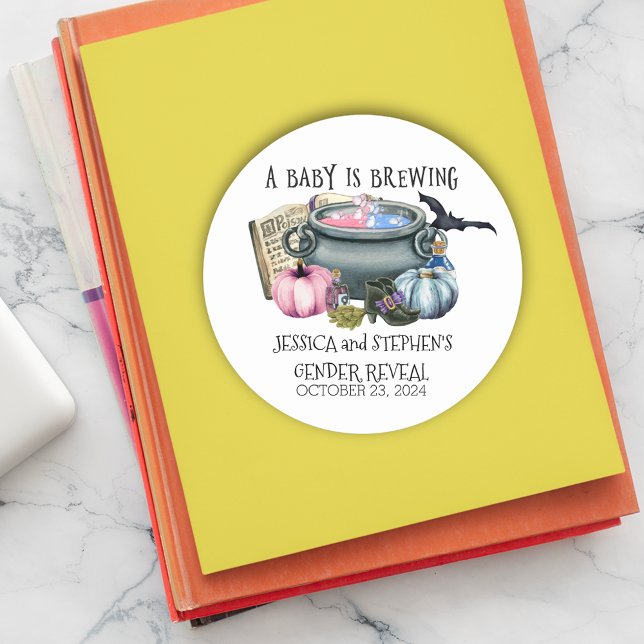 Halloween Baby Brewing Witch Gender Reveal   Classic Round Sticker (Creator Uploaded)