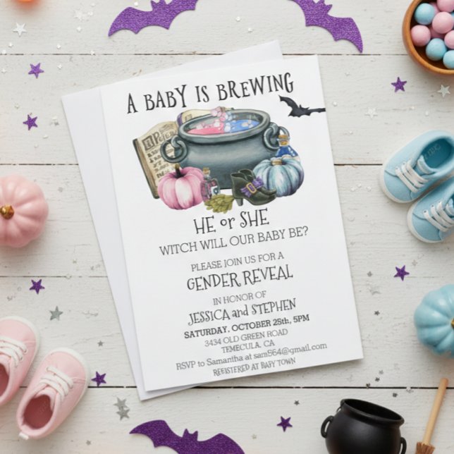 Halloween Baby Brewing Witch Gender Reveal   Invitation (Creator Uploaded)