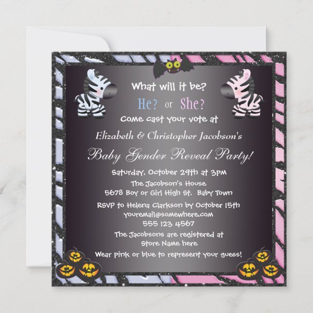Halloween Baby Gender Reveal Zebras & Pumpkins Invitation (Front)