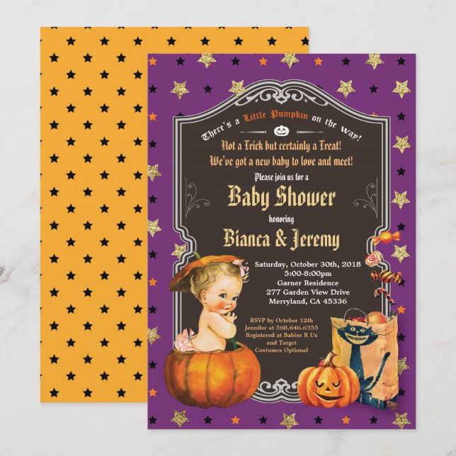 Halloween baby girl couples shower purple gold invitation (Front/Back)