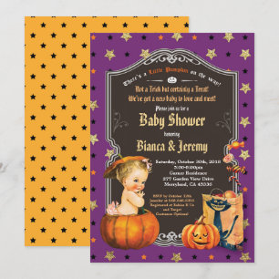 Halloween baby girl couples shower purple gold invitation