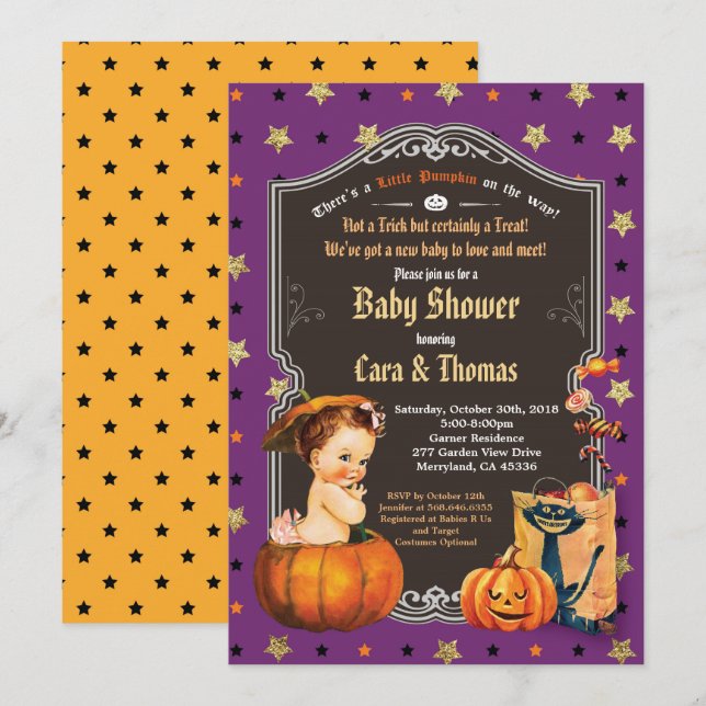 Halloween baby girl shower purple gold orange invitation (Front/Back)