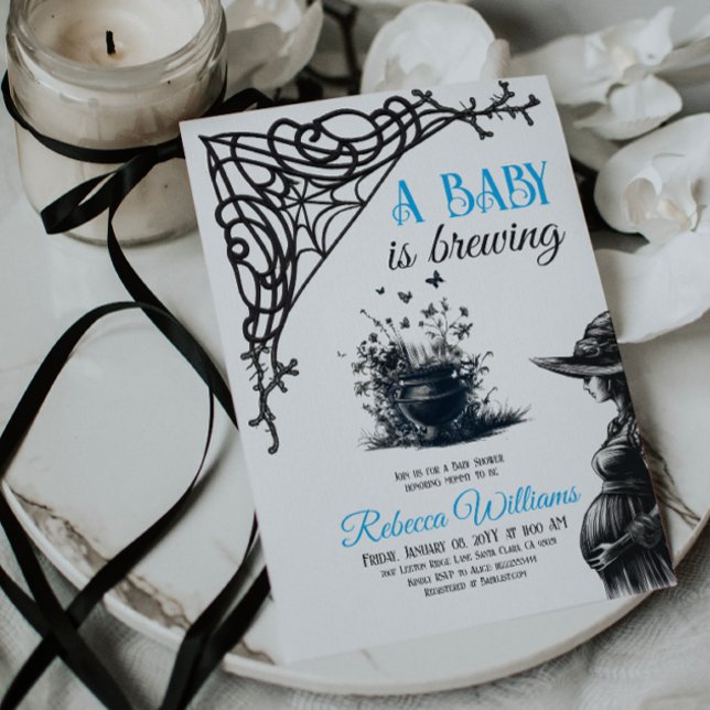 Halloween Baby is Brewing Blue Boy Baby Shower Invitation (Creator Uploaded)