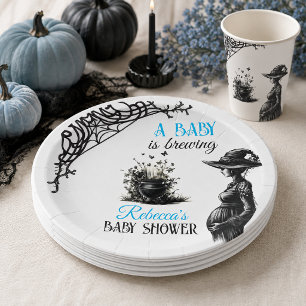 Halloween Baby is Brewing Blue Boy Baby Shower Paper Plate