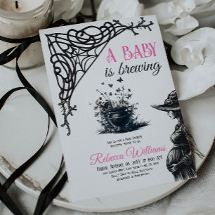 Halloween Baby is Brewing Pink Girl Baby Shower Invitation
