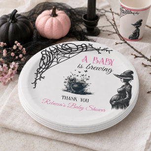Halloween Baby is Brewing Pink Girl Baby Shower Paper Plate